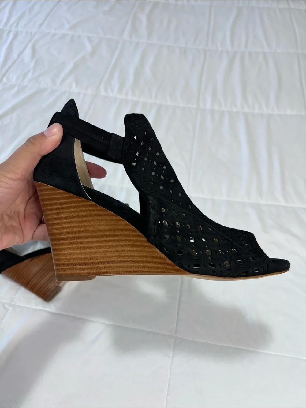 Cole Haan Black Laser-Cut Suede Wedge Sandals size 9